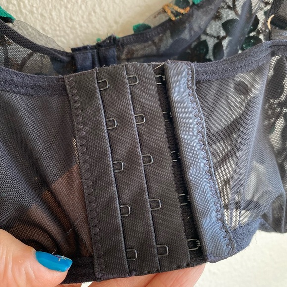 Black Mesh Longline Bralette with Green & Gold Embroidery (L) - Picture 2 of 8